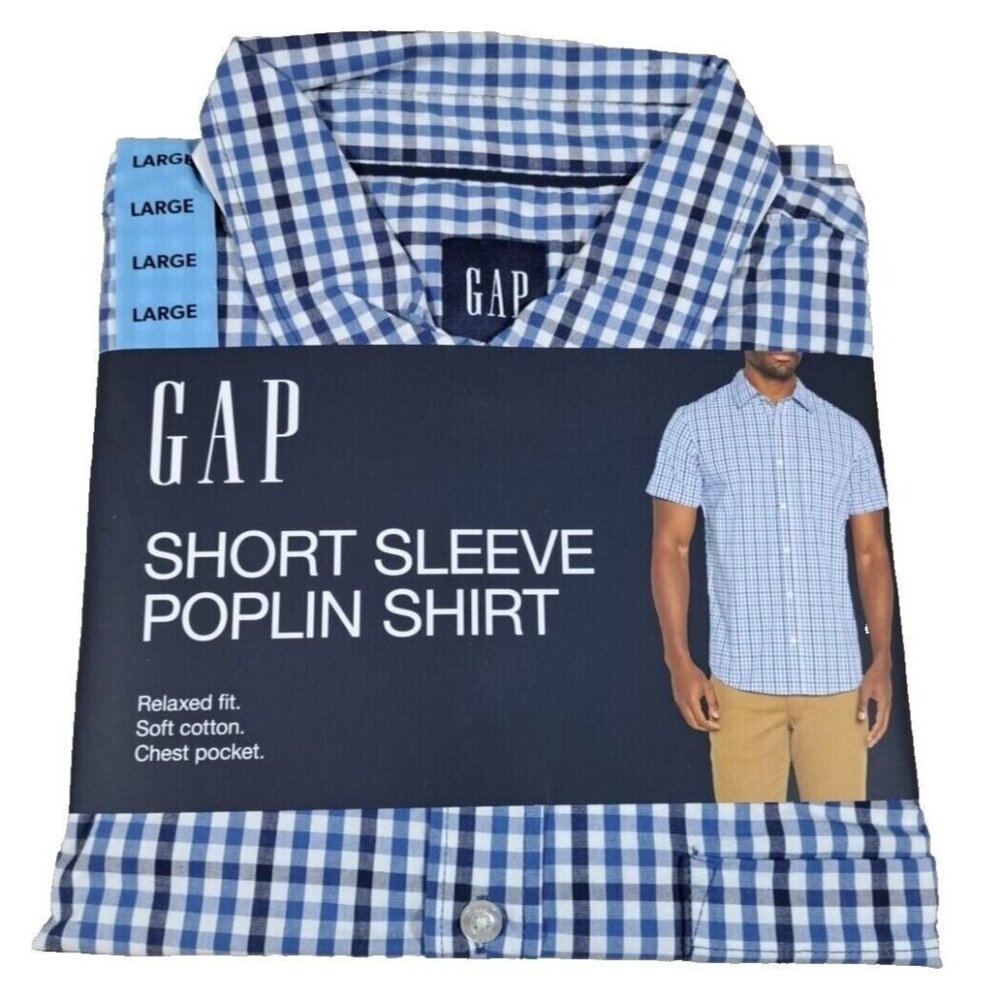 NEW Gap Men's Shirt L Short‎ Sleeve Button Front Poplin Blue Check Spread Collar